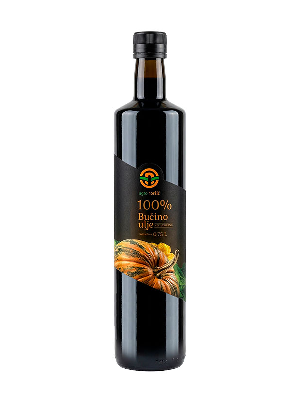 100% čisto bučino ulje Agro-Noršić u boci od 0,75L, idealan odabir za redovitu pripremu zdravih jela
