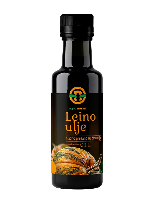 Tamna boca Leinog bučinog ulja Agro Noršić od 0,1 L, hladno prešano.
