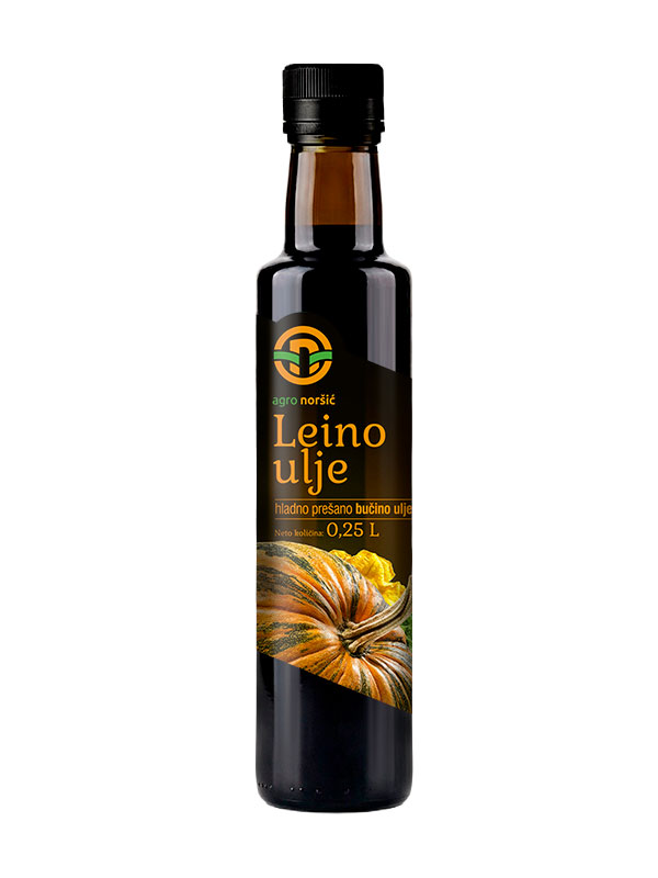 Hladno prešano Leino bučino ulje Agro Noršić u tamnoj staklenoj boci od 0,25 L.