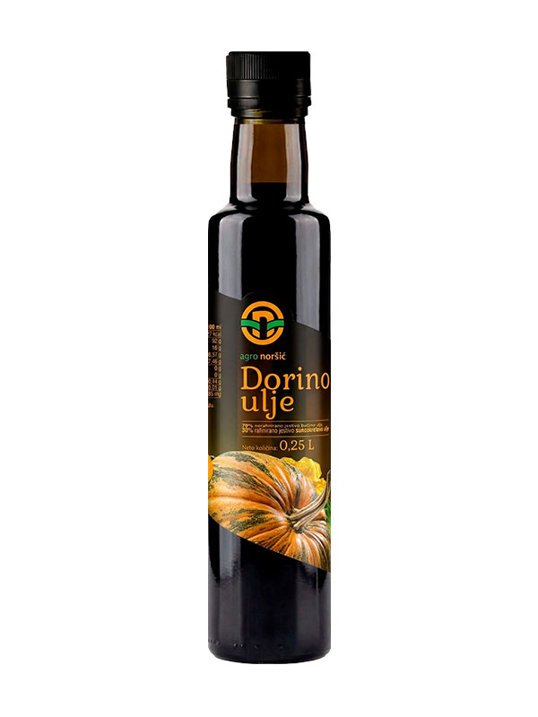 Dorino miješano ulje (250ml) marke Agro-Noršić: 70% nerafinirano bučino i 30% suncokretovo ulje za laganiji okus.