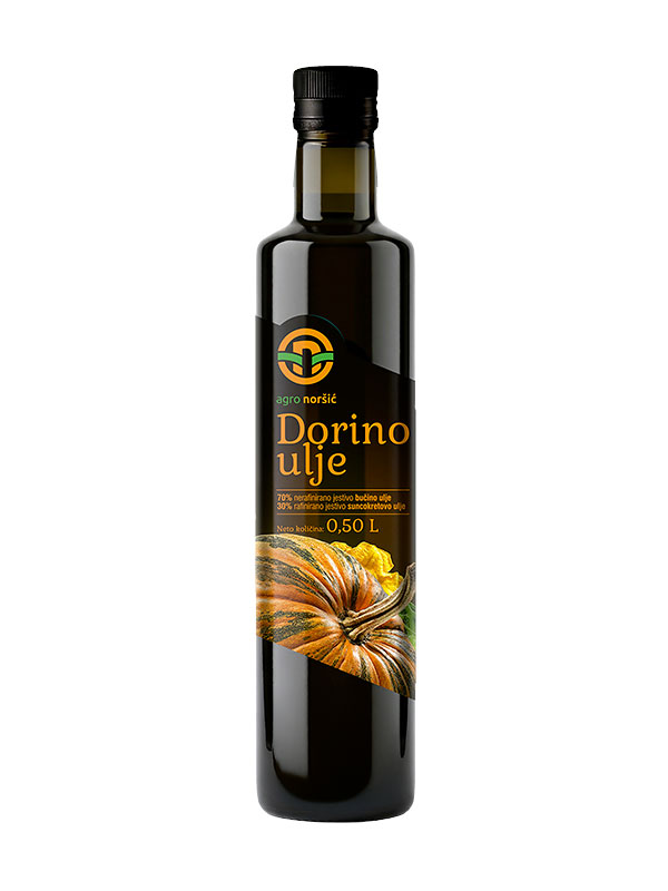 Dorino ulje 500ml, sastav 70% nerafinirano bučino i 30% suncokretovo ulje. Tradicionalni omjer Noršić kvalitete.