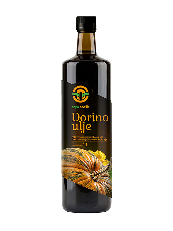 Velika boca Dorino miješanog ulja (1L) s 70% nerafiniranog bučinog ulja. Ekonomičan izbor za svakodnevnu kuhinju.