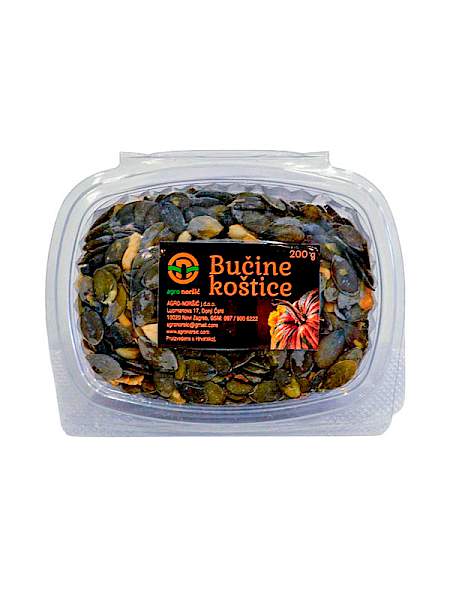 Prozirna plastična kadica s očišćenim sušenim bučinim košticama Agro Noršić (200g) i crnom etiketom s logom