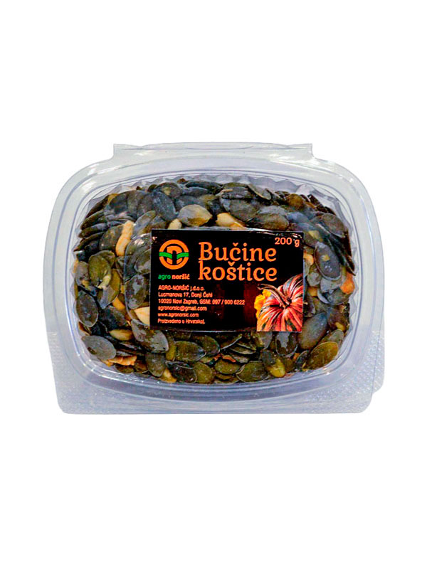 Prozirna plastična kadica s očišćenim sušenim bučinim košticama Agro Noršić (200g) i crnom etiketom s logom